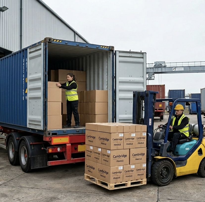 Forklift driver and warehouse operative loading a shipping container at a Cambridge logistics yard
